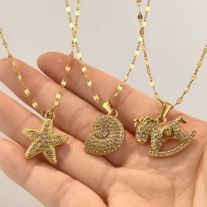 Women’s Fashionable Stainless Steel Conch Shaped Diamond Set Pendant Necklace