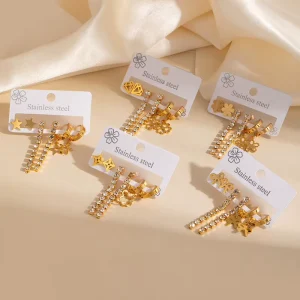 Women’s Fashionable Stainless Steel Multi Style Gold Plated Crystal Tassel Earrings Set