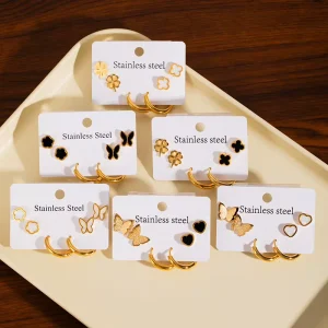 Women’s Fashionable Stud Earrings Stainless Steel Material Plant-shaped Earrings Set