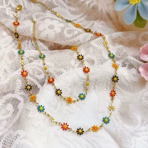 Women’s Flower Necklace and Bracelet Set Electroplated 18K Gold Daisies Chain Necklace