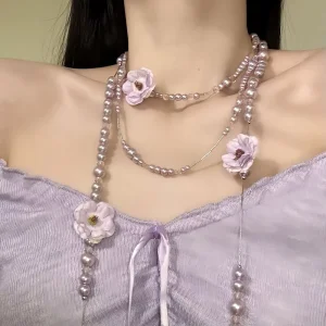 Women’s French style purple Imitation Pearl Floral Necklace Niche Design Fashionable Versatile Sweater Chain