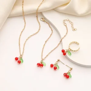 Women’s Fresh Fruit Jewelry Set with Green Leaf and Red Cherry Pendant Necklace, Bracelet, and Earrings