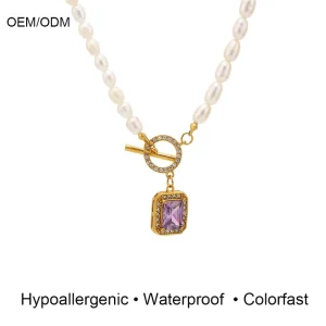 Women’s Freshwater Pearl Zircon Stainless Steel 18k Gold Plated Pendant Clavicle Necklace OT Buckle Design Sporty