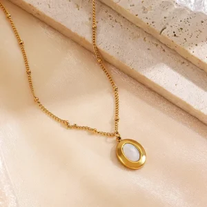 Women’s Geometric Natural Stone Amazonite Pendant Necklace 316L Stainless Steel Jewelry 18K PVD Gold Necklace