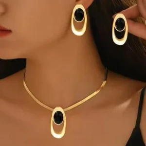 Women’s Geometric Oval Alloy Wedding Necklace and Earring Set with Bamboo Chain Pendant