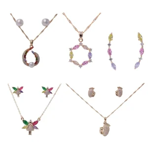 Women’s Geometric Zircon Necklace and Pearl Earrings Set Gold Plated Jewelry