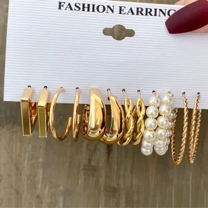 Women’s Gold-Color Geometric Crystal Stud Earring Set with Heart, Triangle, Star, Moon, and Circle Designs, N95249