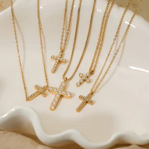 Women’s Gold Color Stainless Steel Clavicle Necklace Fashion Zircon Cross Pendant Stylish Layered Jewelry Gift Included Claw