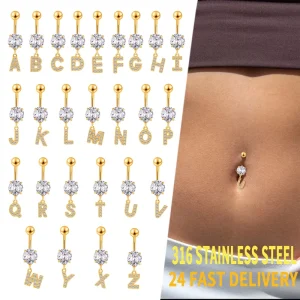Women’s Gold Letter-shaped Navel Ring with Zircon 316 Stainless Steel Navel Piercing Jewelry