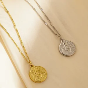 Women’s Gold Plated Bee Coin Pendant Necklace 316L Stainless Steel Embossed Curb Chain Necklace