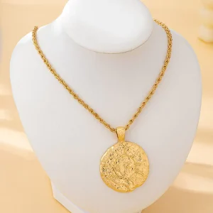 Women’s Gold Plated Coin Pendant Necklace 316L Stainless Steel Hammered Twisted Rope Chain Necklace