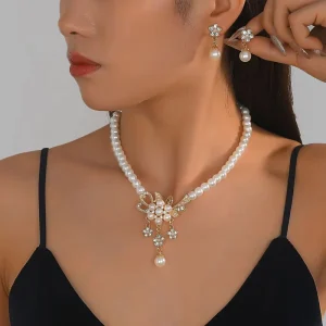 Women’s Gold-Plated Pearl Flower Necklace Earrings Set, Trendy Europe America Link Chain Type, Popular Wedding Jewelry