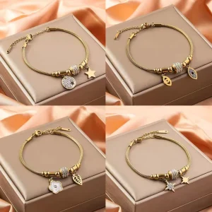 Women’s Gold Plated Stainless Steel Bracelets with Fashionable Zircon Pendant Chic Fashion Charm Bracelets
