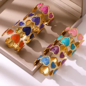 Women’s Gold Plated Stainless Steel Open Cuff Bangle Colorful Glitter Enamel Heart Jewelry