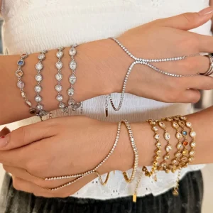 Women’s Gold Plated White Rhinestone Chain Finger Bracelet Dainty Geometric Stainless Steel Jewelry Gift