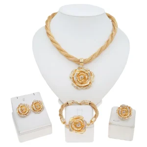 Women’s Gold Rose Flower Jewelry Set With Rhinestones Necklace Earrings Bracelet Ring Set