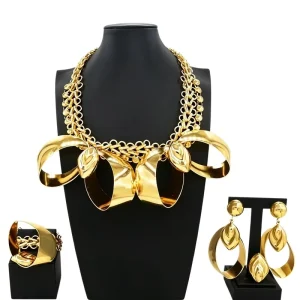 Women’s Gold Tone Bold Statement Jewelry Set Chunky Link Necklace with Geometric Hoop Drop Earrings HK054222