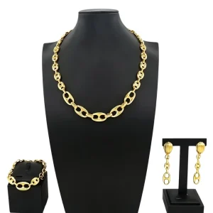 Women’s Gold Tone Mesh Chain Statement Jewelry Set with Clear CZ Crystal Beads Necklace Bracelet Earrings Ring HK016022