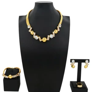 Women’s Gold Tone Mesh Chain Statement Jewelry Set with Clear CZ Crystal Beads Necklace Bracelet Earrings Ring HK250122