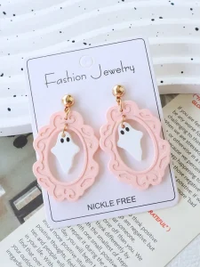 Women’s Halloween Ghost Acrylic Pendant Earrings Polymer Clay Look Nickle free Lively Printed Spooky cute Festival Jewelry