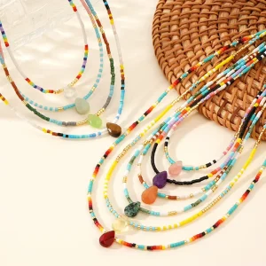 Women’s Handmade Colorful Miyuki Seed Bead Natural Stone Water Drop Charm Choker Necklace