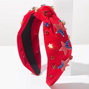 Women’s Handmade Independence Day Fabric Headband with American Flag Diamond Star Sun Cross Design Trendy 13CM Hair Accessories