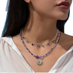 Women’s Handmade Purple Natural Gemstone Beaded Necklace Irregular Stones Fashion Accessory for Casual Outings