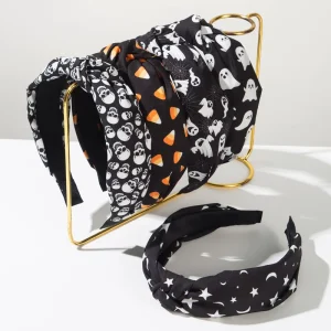 Women’s High Quality Halloween Knotted Headband Spooky Skull Ghost Candy Corn Print Hair Accessories
