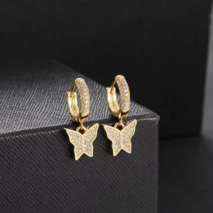 Women’s Hip Hop Micro Paved CZ Zircon Butterfly Shape Earrings with Bling Zircon Fashion Hoop Earrings
