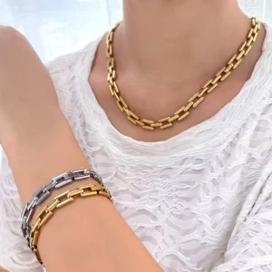 Women’s Hip Hop Stainless Steel Jewelry Set Gold Plated Fashion Necklace and Bracelet Set with Rectangular Link Watch Chain
