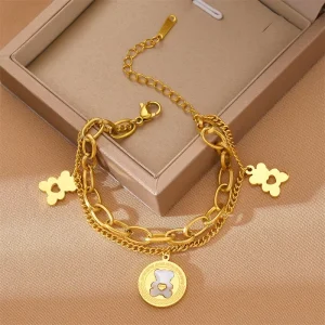 Women’s Hip Hop Stainless Steel Teddy Bear Curb Chain Bangles Multi layer Gold Plated Designer Fashion Jewelry Daily