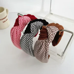 Women’s Houndstooth Knotted Velvet Headband New Retro Elegant Fabric Hair Accessories