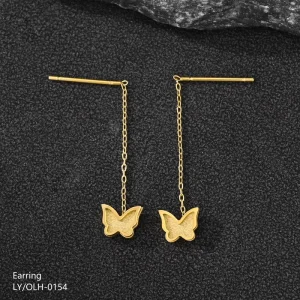 Women’s Jewelry 18K Gold Plated 316L Stainless Steel Long Drop Butterfly Earrings