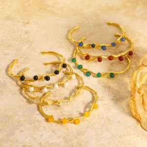 Women’s Jewelry Fashion Trendy Gold Plated Stainless Steel Bangles Minimalist Natural Stone Pearl Geometric Party Bracelet