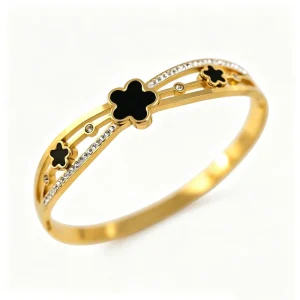 Women’s Jewelry Gift Accessories Inlaid Shell Black Flower Bangles 18K Plated Gold Stainless Steel Charm Bracelet