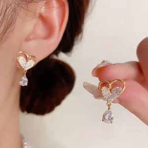 Women’s Jewelry Korean Style Micro Zircon Inlaid Heart Tassel Drop Earrings Delicate Versatile High End Fashion for Gentle Women