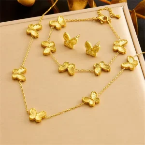 Women’s Jewelry Set Butterfly Necklace Bracelet Earring 18K Gold Plated Stainless Steel for Weddings