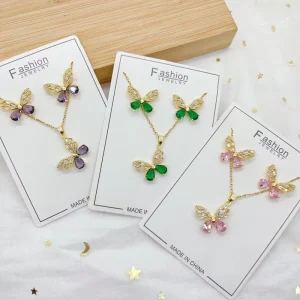 Women’s Jewelry Set Stainless Steel Chain Gold Plated Zircon Butterfly Pendant Necklace and Earrings Set for Party Gift