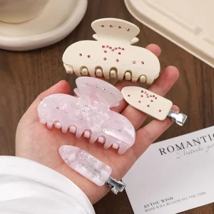 Women’s Korean Fashion Rhinestone Bow Hair Clip Set Pink Seamless Hairpin Eco Friendly Acetate Hair Accessories for Daily Use