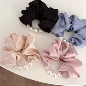 Women’s Korean Style Silk Satin Pearl Hair Scrunchies Custom Logo Hair Accessories with Polyester Fabric Hair Decoration