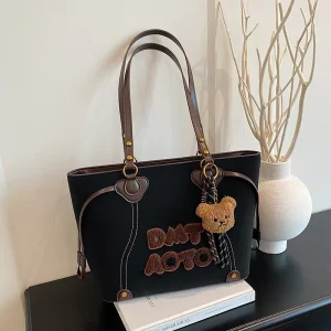 Women’s Large Capacity Tote Bag Fashion Letter Print Shoulder Handbag Casual Work Shopping Bag With Bear Pendant
