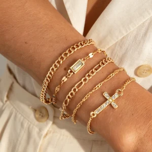 Women’s Light Luxury Water Diamond Cross Bracelet Set Metal Chain Stacked Bracelet