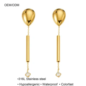 Women’s Long Zircon Pendant French Elegant 18K Gold Plated 316L Stainless Steel Earrings