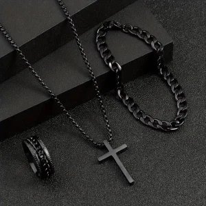 Women’s Men’s Gold Plated Stainless Steel Cross Pendant Necklace Black Bracelet Ring Set for Beach Vacation Party