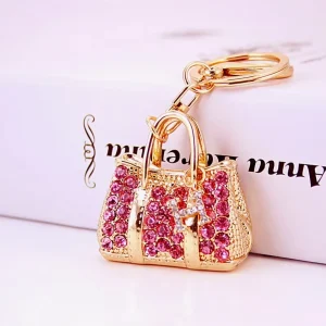 Women’s Metal Keychain Accessory Rhinestone Handbag Pendant Zinc Alloy Leather Keychain for Car