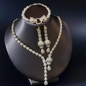 Women’s Middle East Saudi Three-piece Copper-inlaid Zircon Platinum-plated Leopard Pattern Necklace Jewelry Set