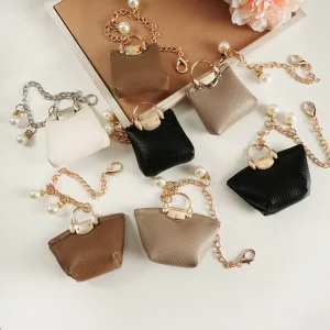 Women’s Mini Multi-Color PU Leather Keychain Bag with Pearl Chain and Metal Clasp Keychain with Gift Card Slot