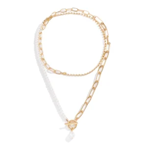 Women’s Multi-Layer Geometric Pattern Baroque Imitation White Pearl Chain Necklace OT-Clasp Office Fashion Alloy Electroplated