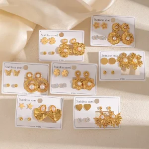 Women’s Multi style Gold Plated Stainless Steel 3 pieces Stud Earrings Set Pearl Vintage Fashion Jewelry Flower Heart Design