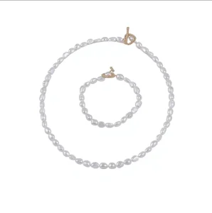 Women’s Natural Freshwater Mabe Pearl Rice Shape White Necklace Bracelet Set Classic High End Fashion Clavicle Chain Bead Chain